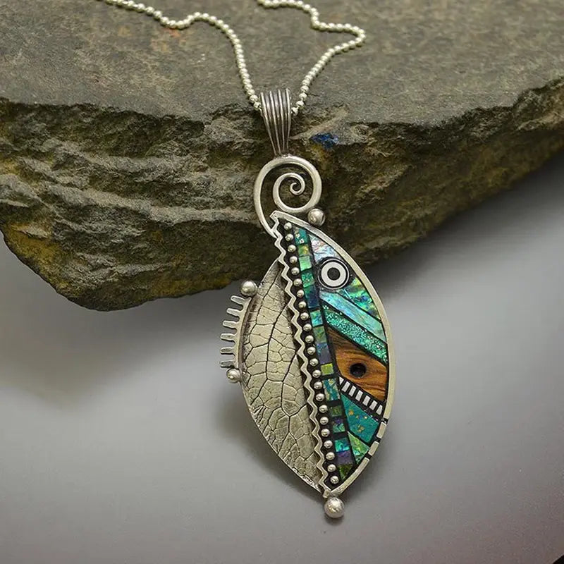 Vintage Silver Green Leaf Crystal Necklace