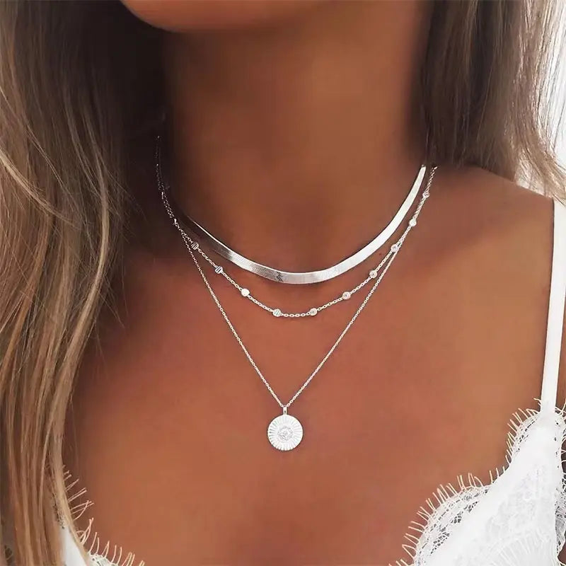 Layered Silver Choker Necklace with Pendant