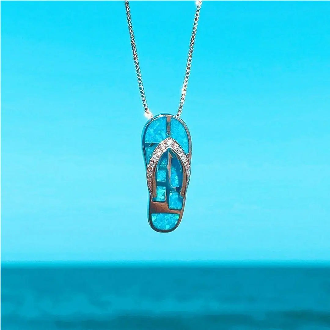 Silver Blue Opal Pendant with Flip Flop Necklace
